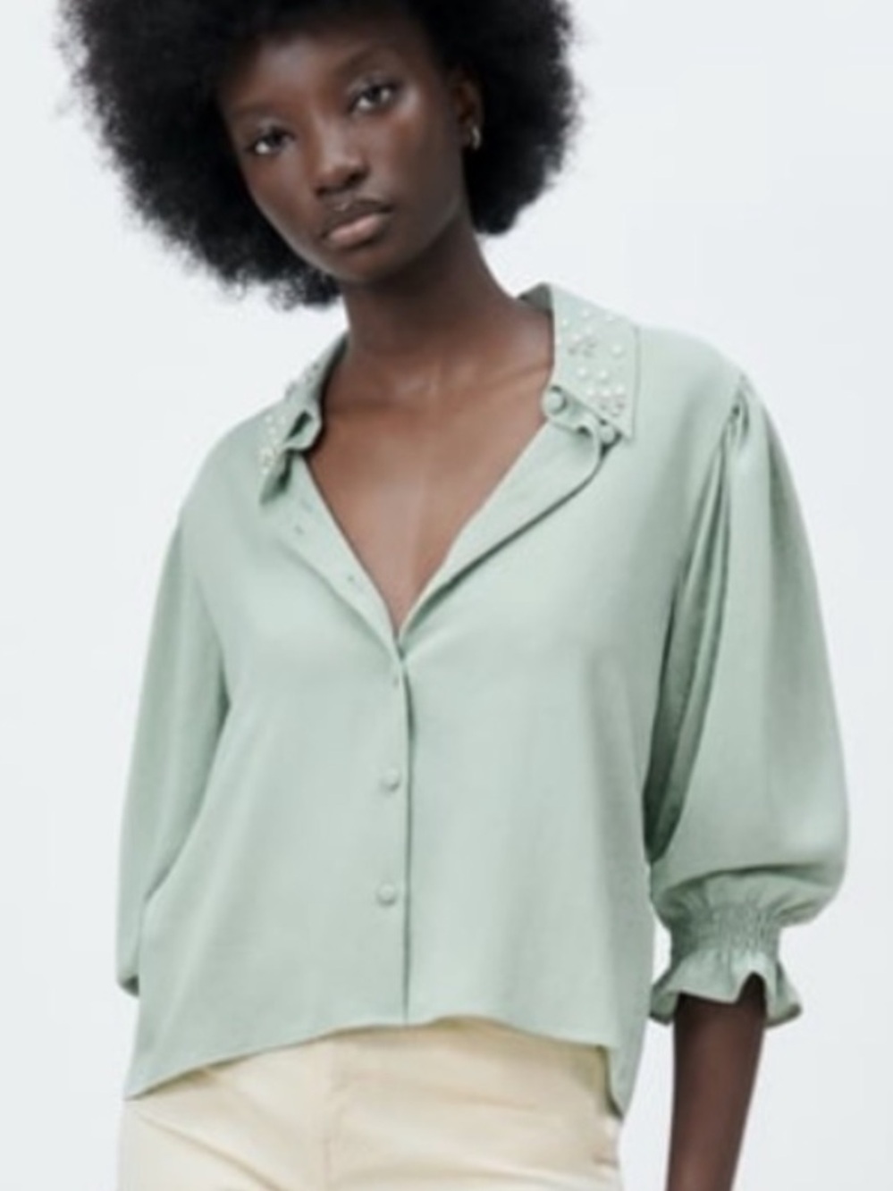Zara Mint Green Embellished-Collar Button Down Blouse